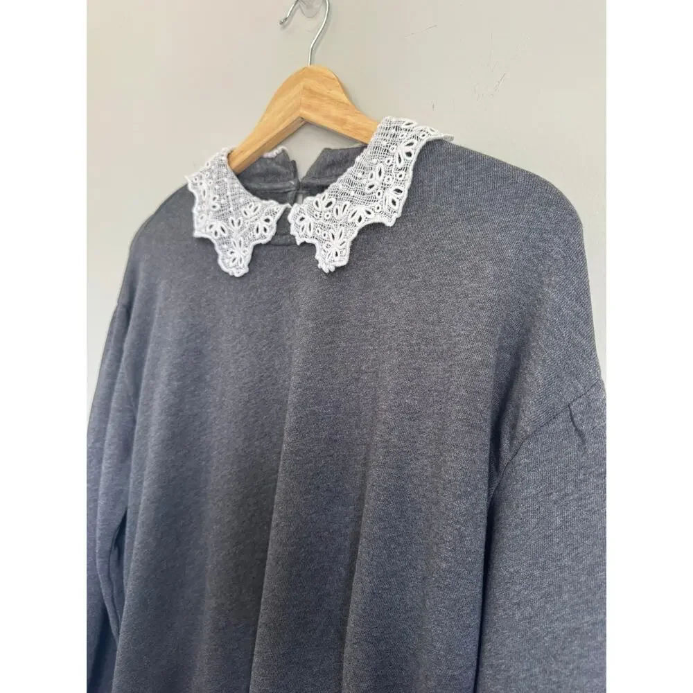 J Crew Womens XS Gray Sweater Eyelet Lace Peterpan Collar Ruffle Cuffs Cotton